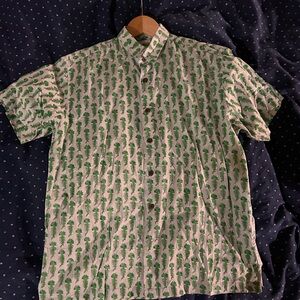 Green Casual Button Down Shirt with Tropical Pattern